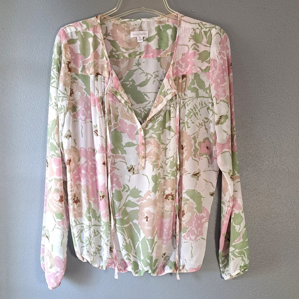 Charming Charlie - Cream, Pink, Green, Long Sleeve Top, Size Small